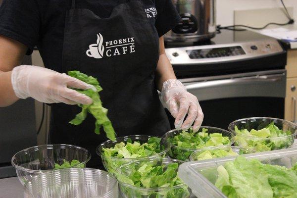 Prepping our delicious salads for the day.