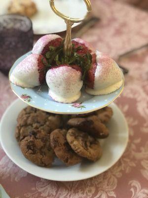 Vanilla dipped strawberries and chocolate chip toffee cookies