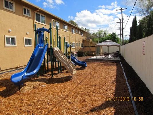 Family play area with patio and picnic area.