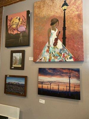 Violinist by Barbara Romero; Wind farm photo art by Greg Votko