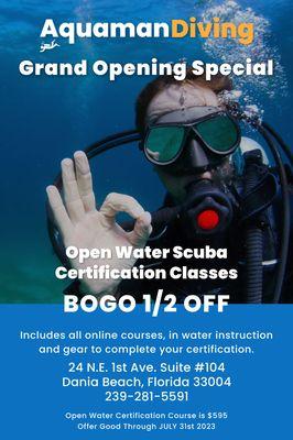 Aquaman Diving
10:32AM (0 minutes ago)
to me

For the entire month of July BOGO 1/2 OFF on NAUI Open Water Scuba Certifications!!