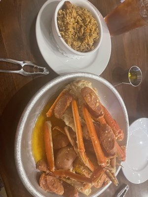 Snow crab legs and dirty rice. VERY GOOD FOOD!!!