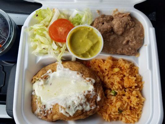 Chile relleno.  Meat (picadillo), cheese, or mixed. This one was mixed. Delicious!