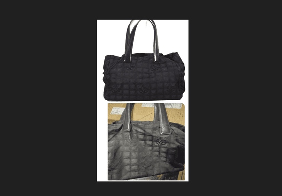 Top pic showing a dark black, puffy bag (taken by their "professional" (photoshopping?) photographer. Bottom pic is what I got.