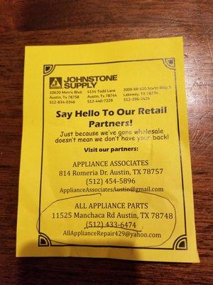 Johnstone Supply is now wholesale-only.  Here are two companies that do sell their parts to the public.