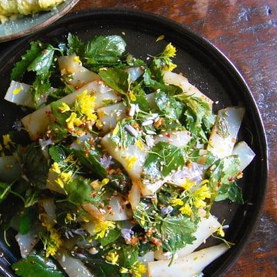 Mung bean salad with early summer herbs from farmers' market.