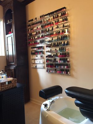 Pedicure station and polished (OPI, Essie, Vinylux, and gels)