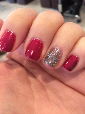 Gel nails, I think the color was G068 for the sparkly red.