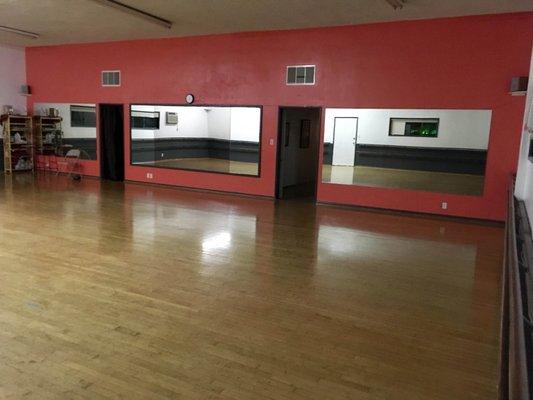 Larger Studio with Sprung Hardwood Floors. Photo taken from the back corner of the room.