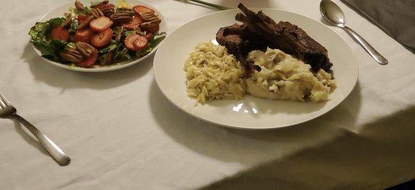 Lamb Chops, Orzo, Mashed Potato's, Strawberry Pecan Salad. Private Dining.