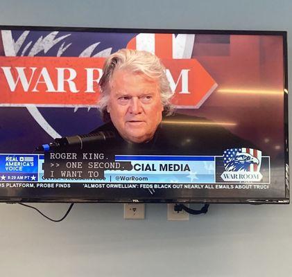 Steve Bannon's show being broadcast in reception