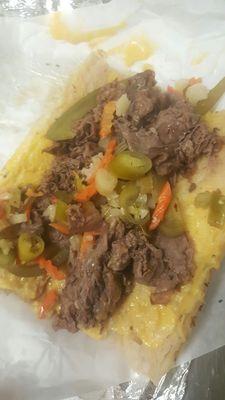 Italian beef with cheddar cheese,sweet peppers and Giardiniera:)