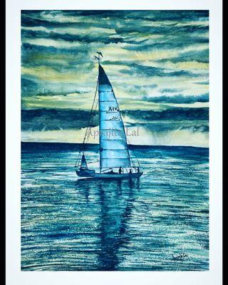 " A Boat and stormy Sky" in watercolors by Aprajita Lal