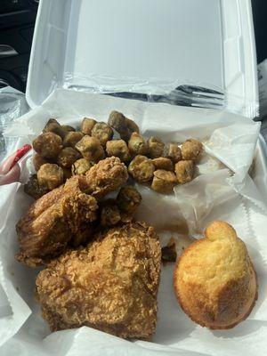 Fried chicken, fried okra, cornbread