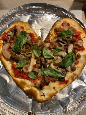 Vegan Meatless Meat Lovers Pizza with mushrooms & basil on GF crust - Heart shaped.