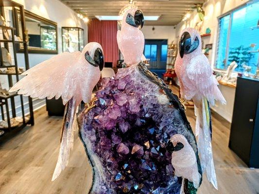 Birds carved from rose quartz