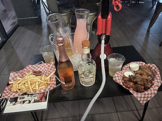 Fries / hookah / champagne (compliments of the owner) / chaser: crème soda and pink lemonade/ wings : lemon pepper and Caribbean Jerk