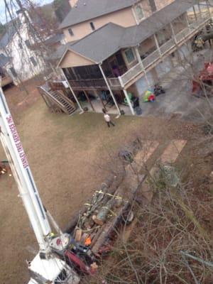 Removing tree with crane truck