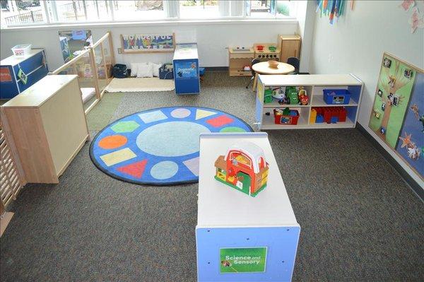 Toddler classrooms have distinct learning centers where children can enjoy dramatic play, the arts, science and sensory play.