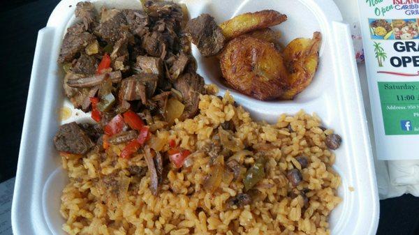 Wednesday special: Beef stew, rice with pigeon peas, and sweet plantains.