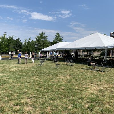 The improvised outdoor meet tents.