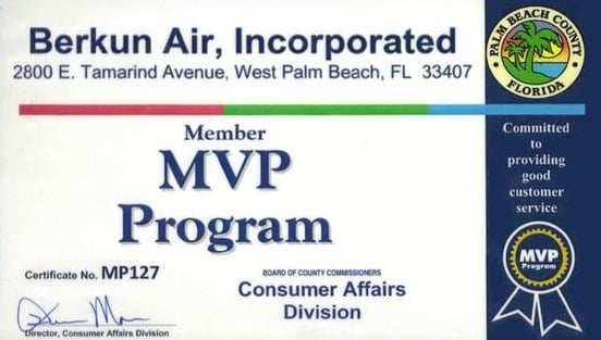 Berkun Air chosen as a founding member by the Palm Beach County Consumer Affairs for outstanding customer service.