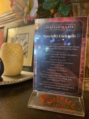 Speciality Cocktail menu