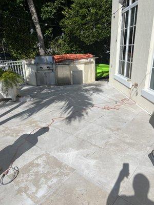 Deck pool travertine marble floor restoration to hone finish and seal