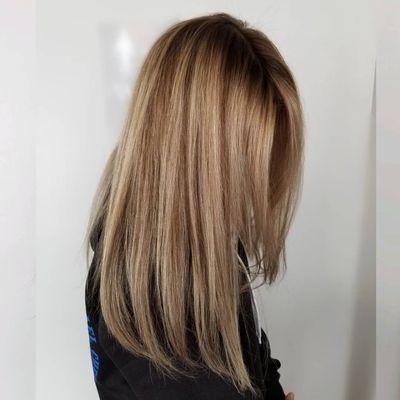 Beautiful fall blonde, with a melted root to help it grow out beautifully