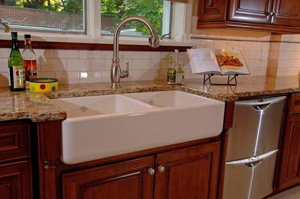 Farmhouse sink in a remodeled kitchen