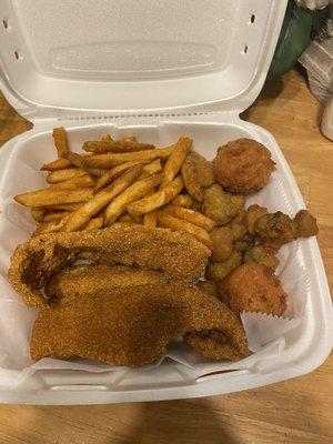 2 Pieces Catfish Dinner with fries, okra, and hush puppies