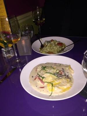 Asparagus ravioli in the foreground and chicken campania was delicious!