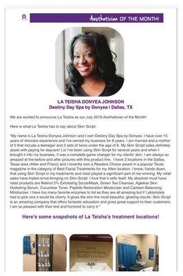 So proud to have been awarded  Skin Script's Aesthetician of the Month!!