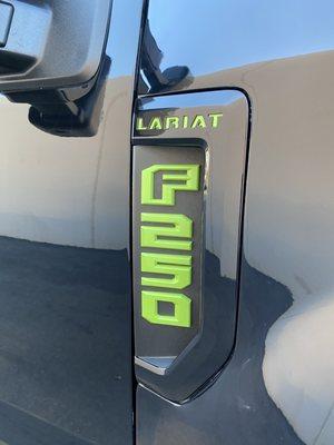 Custom Painted Lime Green F250 Ford Emblems