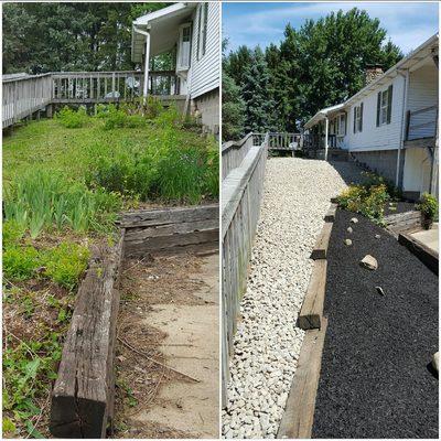 Before & after photo of a project we did for a customer. This area got out of control and we revitalized this area for our customer.