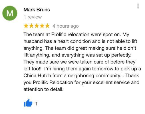 We love good feedback from our customers that we move.