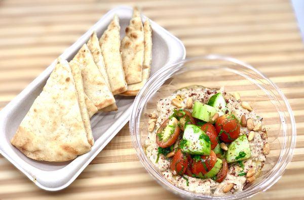 SMOKEY EGGPLANT DIP (GF,VE) 5.95 Served with Tomato, Cucumbers, and topped with Pine Nuts. Served with Grilled Pita Bread