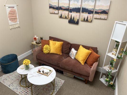 Each of our therapy rooms are warm and inviting to foster a safe and comfortable space for each of our clients.