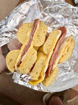 Pork Roll, Egg and Cheese Sandwich on a jalapeño cheddar bagel