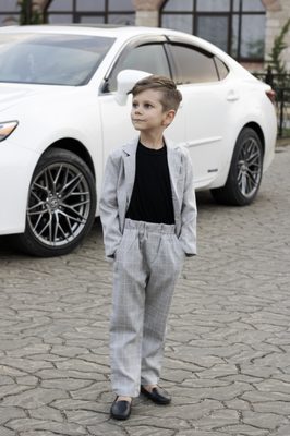 Boys Gray Checked Blazer with Shorts or Pants