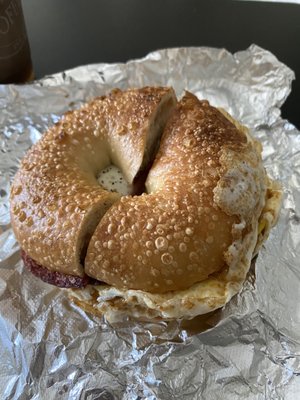 Bagel with pork roll, egg, and cheese