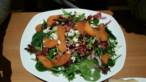 Warm peach and gorgonzola salad. Bacon added.