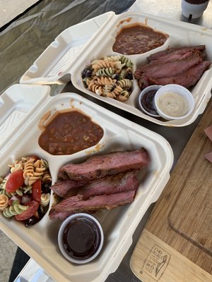 TriTip, pasta salad and baked beans combo