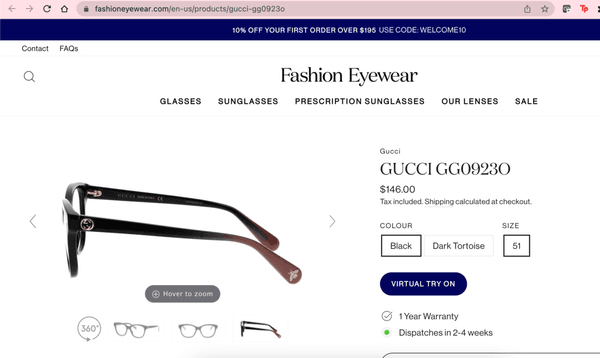 Screenshot from Fashion Eyewear showing the angle of the arm when these frames are actually brand new & unadjusted