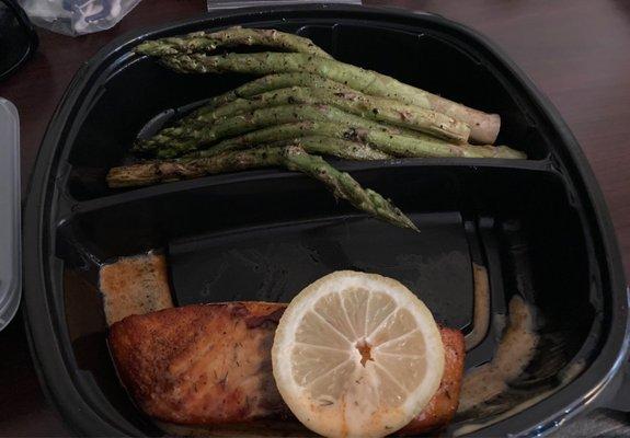 Salmon with grilled asparagus instead (due to food allergies). So delicious. Perfectly cooked.