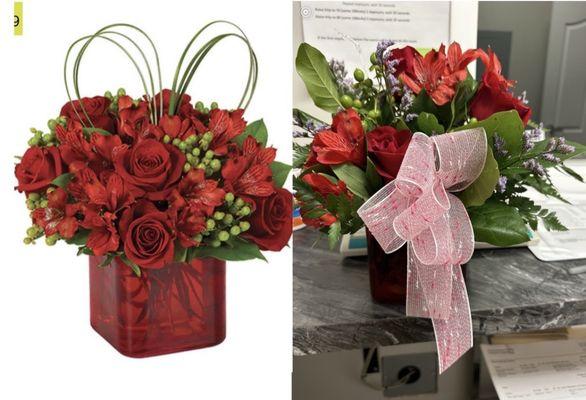 Right: bouquet on website I ordered and paid for. Left: the pathetic flowers that were received. Bait and switch!