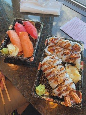 tuna and salmon nigiri, shrimp tempura roll, sweet potato roll