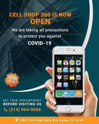 Cell shop 360 is now open and are taking all precautions to protect you against COVID-19. Stay Safe!!! Book an appointment Online