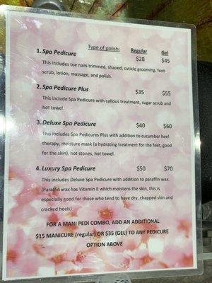 Pedicure price listings