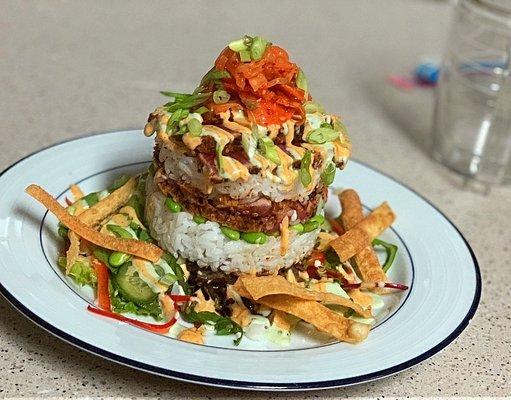 Ahi tuna coconut rice stack